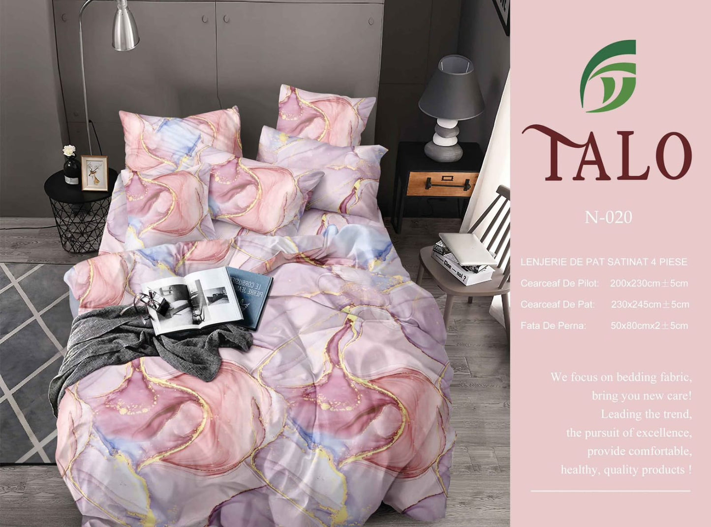 Lenjerie de pat roz-marmorat cu accente aurii – 4 piese