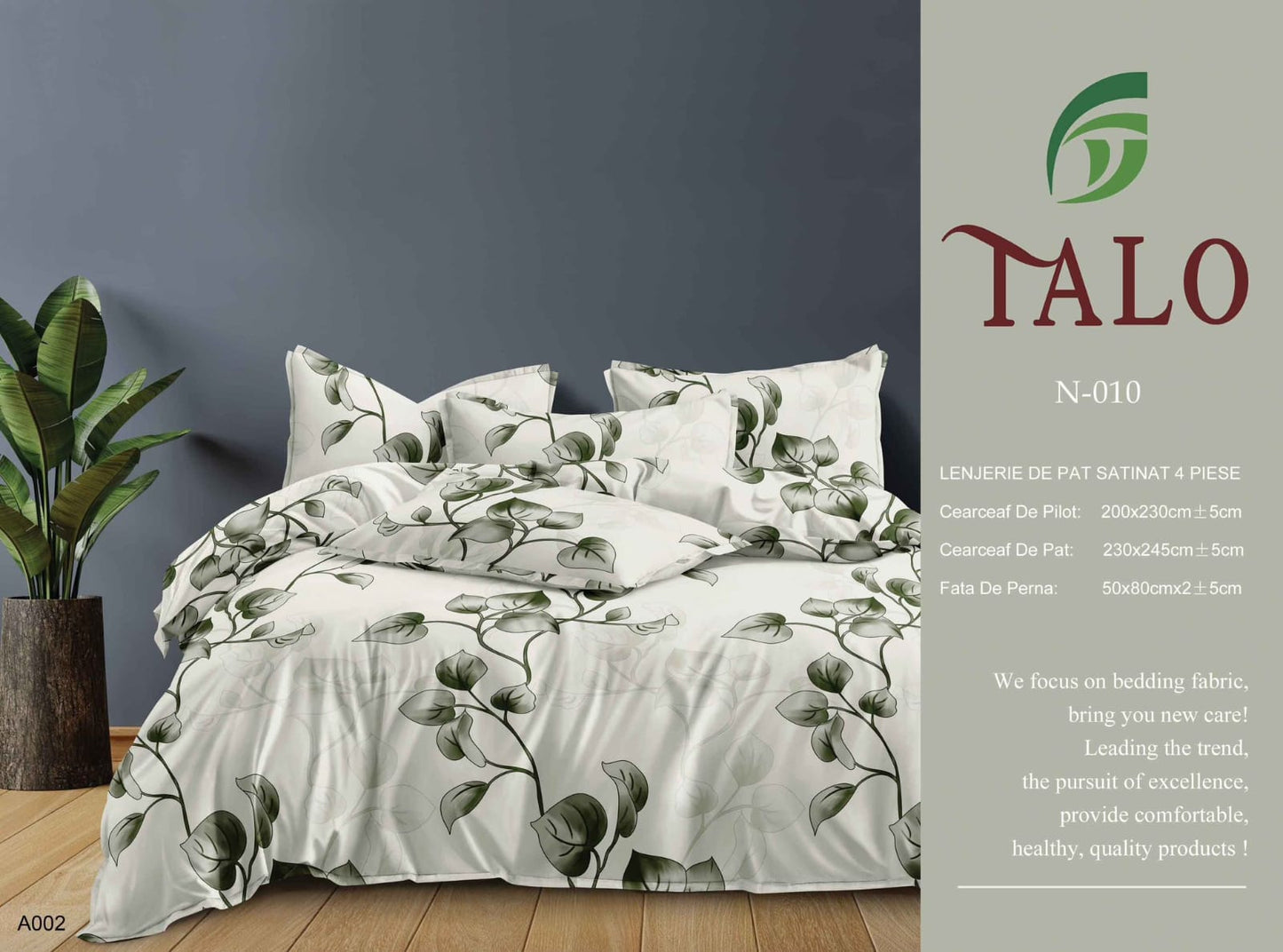 Lenjerie de pat satinat cu imprimeu verde frunze – 4 piese (N-010)