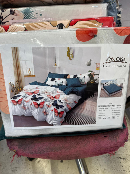 Lenjerie de pat 6 piese – Elegance Red Butterflies 🦋❤️