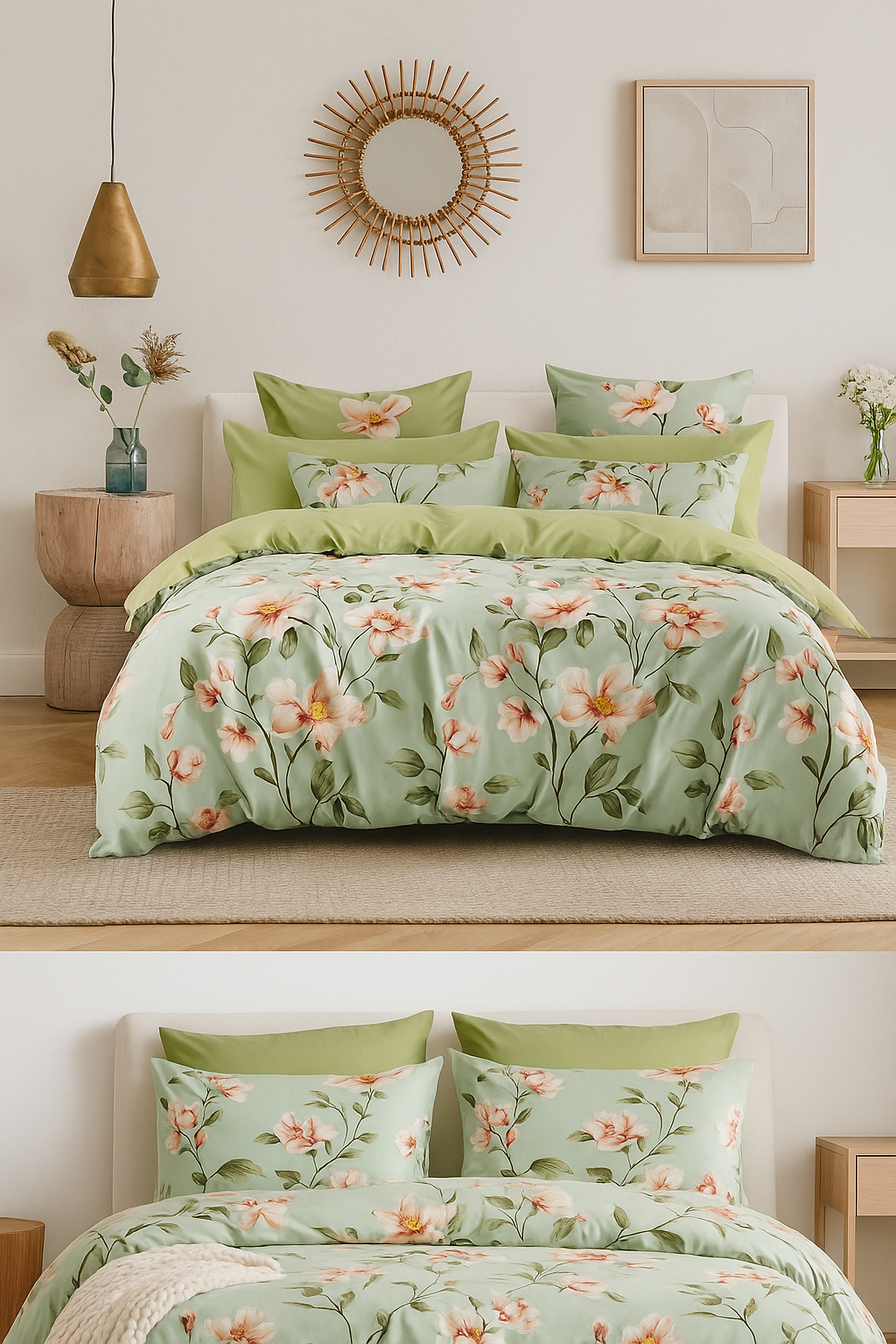 Lenjerie de pat satinat Talo – 4 piese – Model Floral Verde