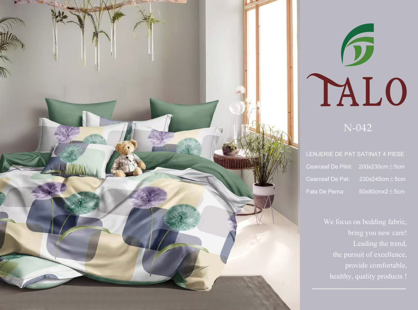 Lenjerie de pat cu flori mov și verzi – 4 piese