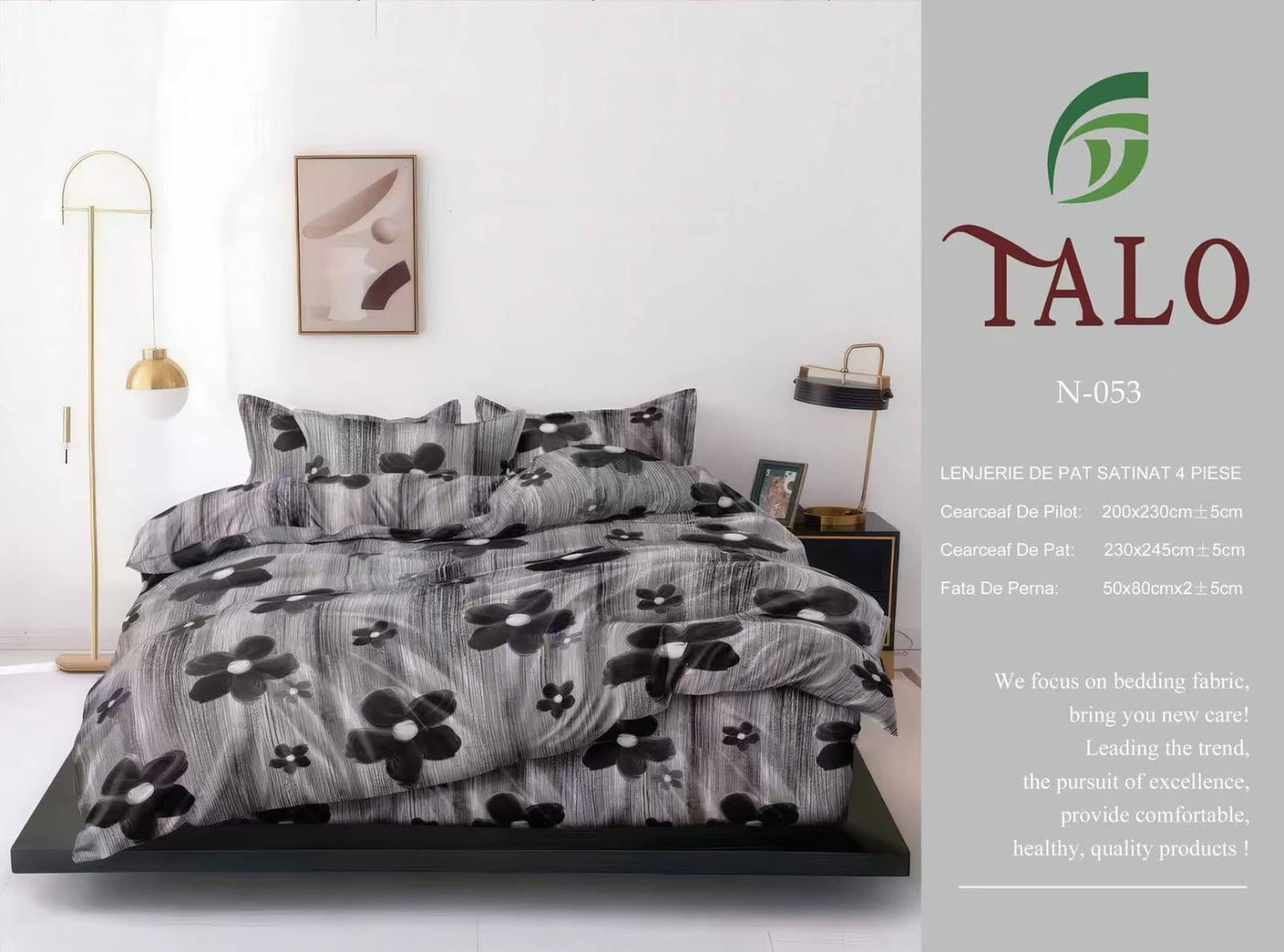 Lenjerie de pat cu flori abstracte alb-negru – 4 piese