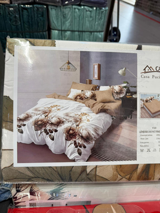 Lenjerie de pat 6 piese – Elegance Brown Flowers 🌹