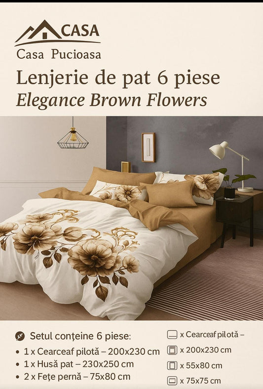 Lenjerie de pat 6 piese – Elegance Brown Flowers 🌹