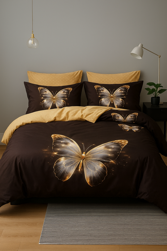 🦋 Lenjerie de pat Fluturi aurii – Eleganță și rafinament