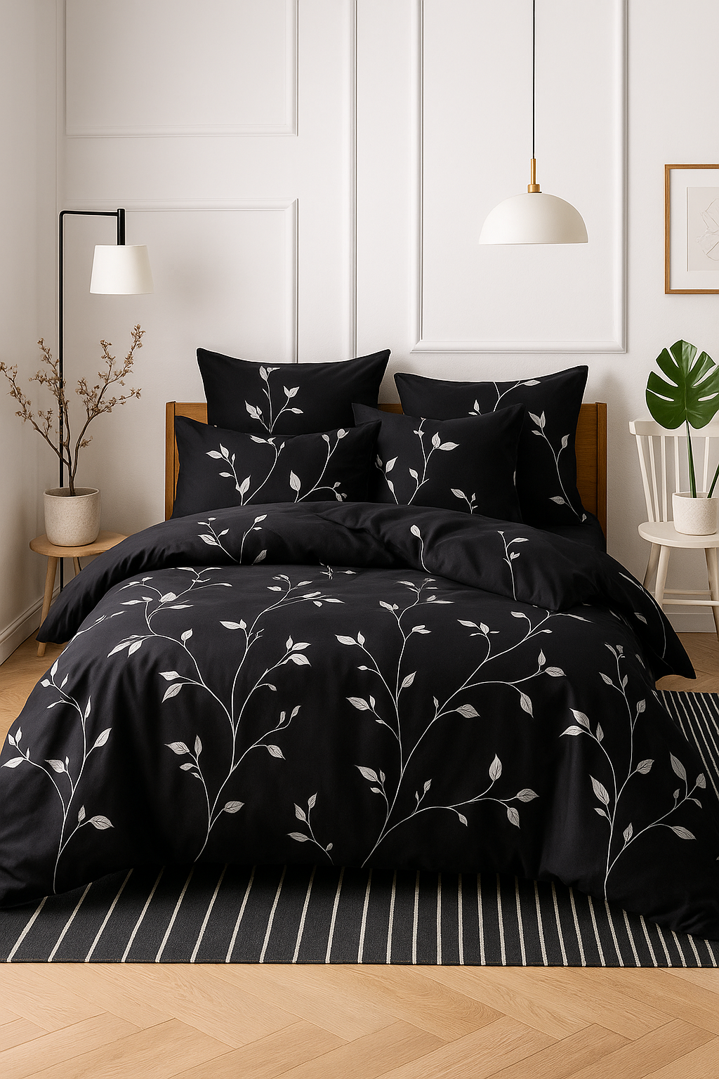 Lenjerie de pat satinat Talo – 4 piese – Model Black & White Floral