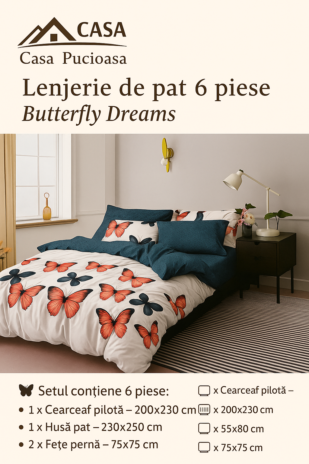 Lenjerie de pat 6 piese – Elegance Red Butterflies 🦋❤️