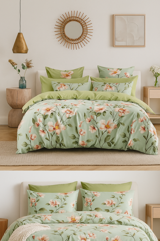 Lenjerie de pat satinat Talo – 4 piese – Model Floral Verde