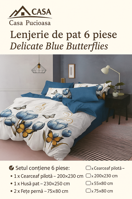 Lenjerie Casa Pucioasa 6 Piese – Model Flori & Fluturi Aurii 🌸🦋